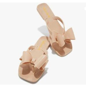 miss left Nude Versatile Open Square Toe Flip Flops Double Bowknots Slip On Shoe